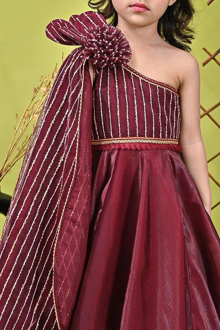 Wine Organza & Net Embroidered Dress For Girls by UNIQ RIYO CREATION at Pernia's Pop Up Shop