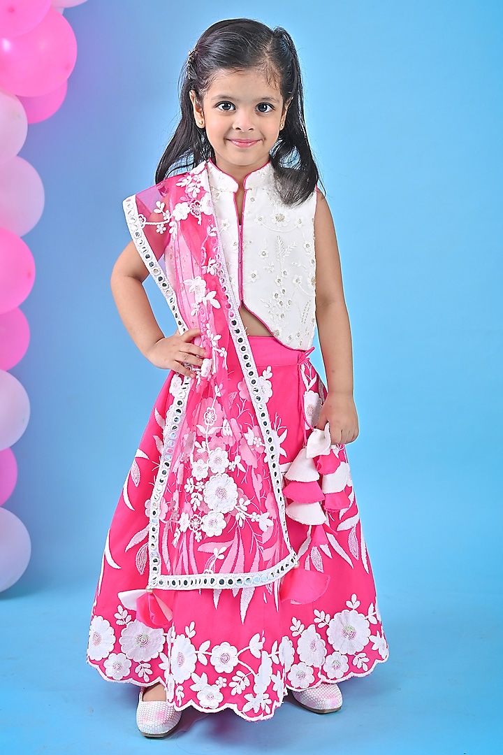 Pink Net & Georgette Embroidered Lehenga Set For Girls by UNIQ RIYO CREATION at Pernia's Pop Up Shop