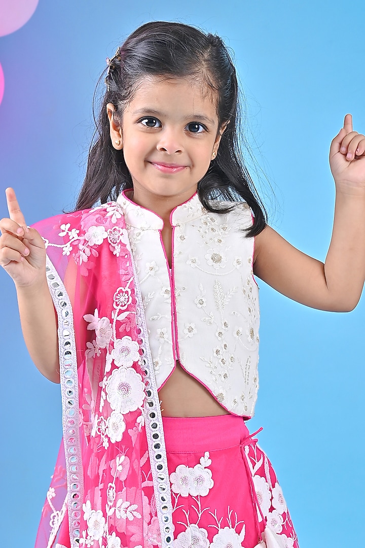Pink Net & Georgette Embroidered Lehenga Set For Girls by UNIQ RIYO CREATION at Pernia's Pop Up Shop