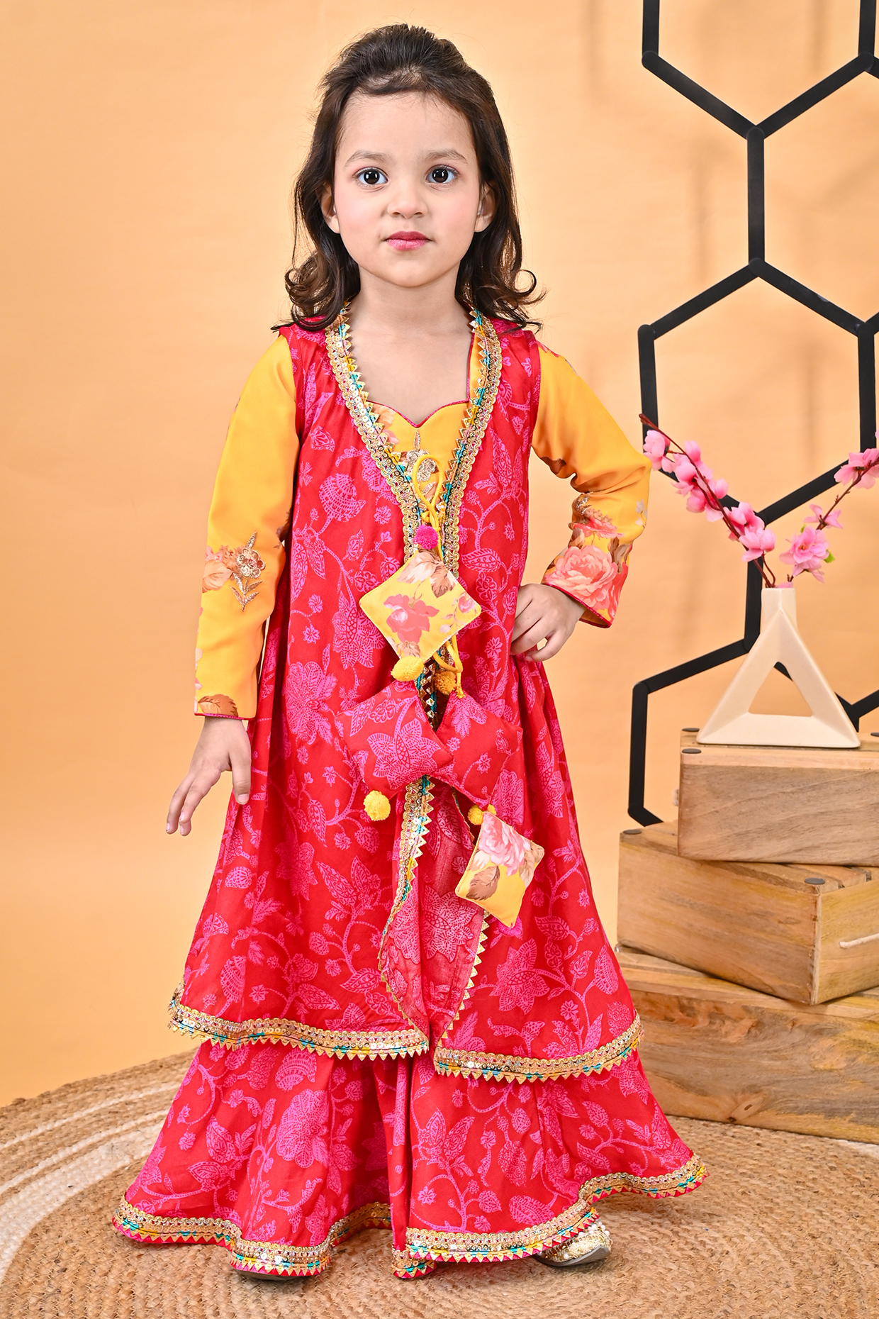 Red Crepe & Georgette Printed Jacket Set For Girls by UNIQ RIYO CREATION at Pernia's Pop Up Shop