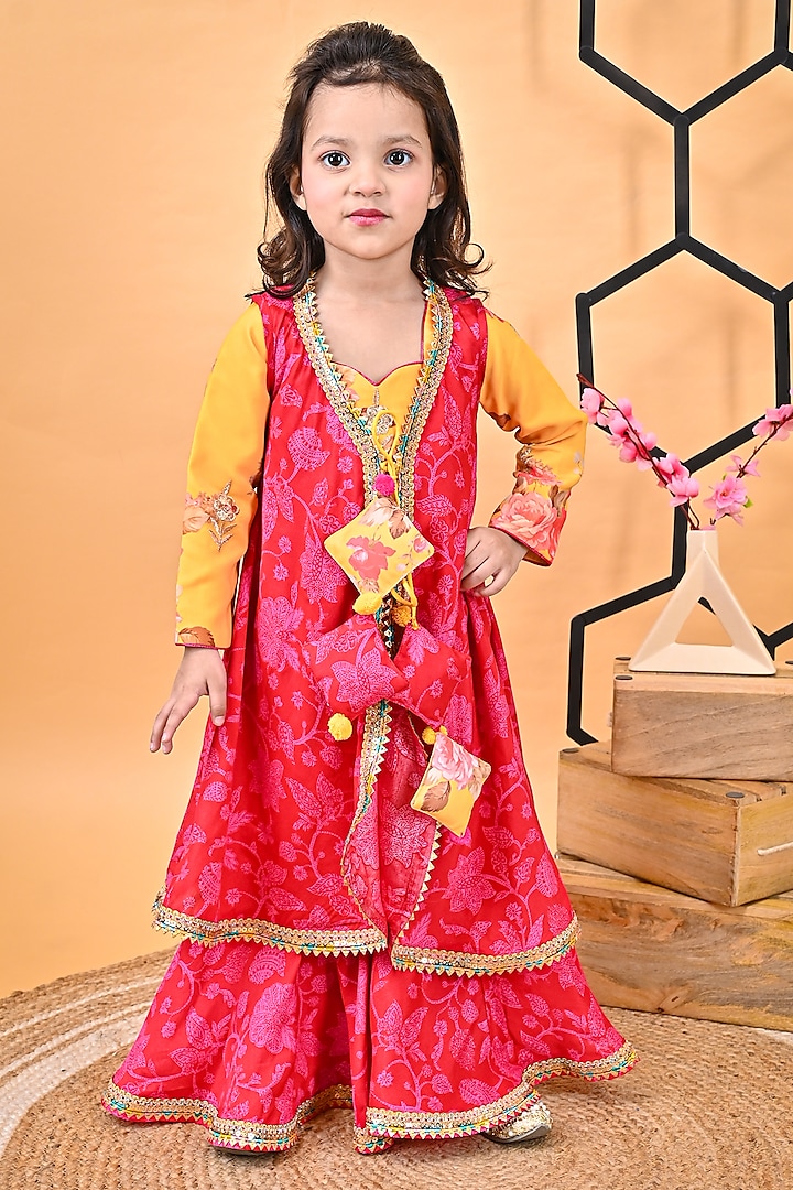 Red Crepe & Georgette Printed Jacket Set For Girls by UNIQ RIYO CREATION at Pernia's Pop Up Shop