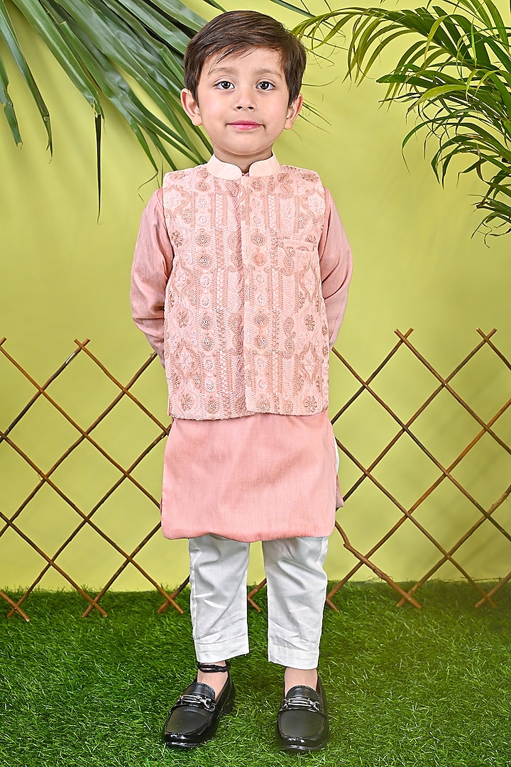 Peach Cotton Embroidered Jacket Set For Boys by UNIQ RIYO CREATION