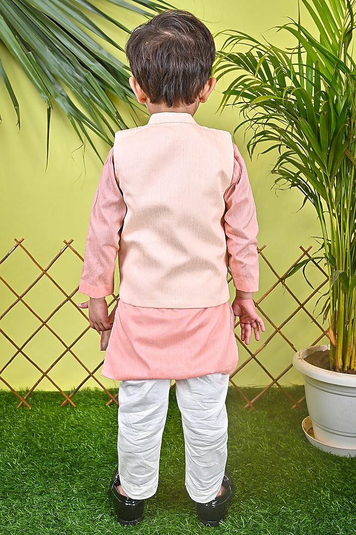 Peach Cotton Embroidered Jacket Set For Boys by UNIQ RIYO CREATION at Pernia's Pop Up Shop