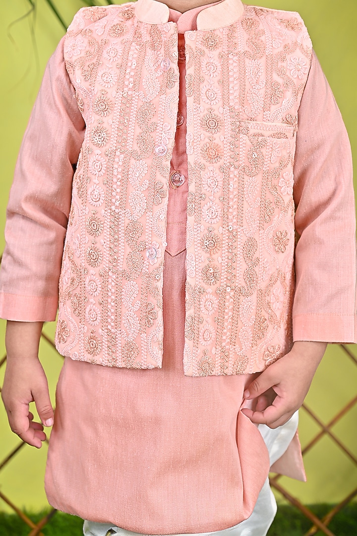 Peach Cotton Embroidered Jacket Set For Boys by UNIQ RIYO CREATION at Pernia's Pop Up Shop