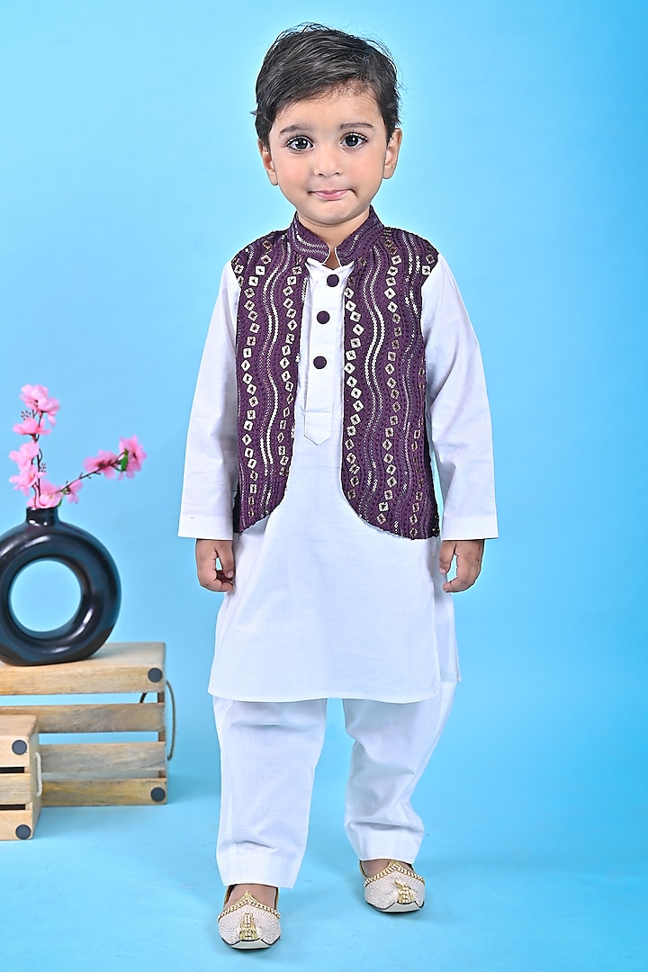 Brown Georgette & Cotton Embroidered Nehru Jacket Set For Boys by UNIQ RIYO CREATION