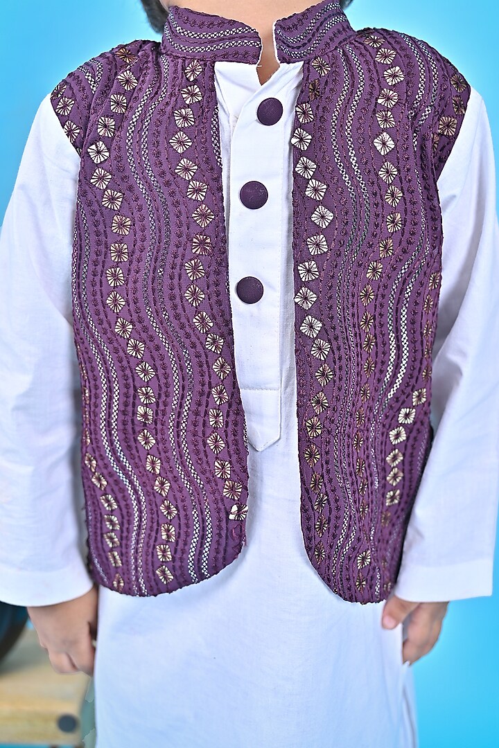Brown Georgette & Cotton Embroidered Nehru Jacket Set For Boys by UNIQ RIYO CREATION at Pernia's Pop Up Shop