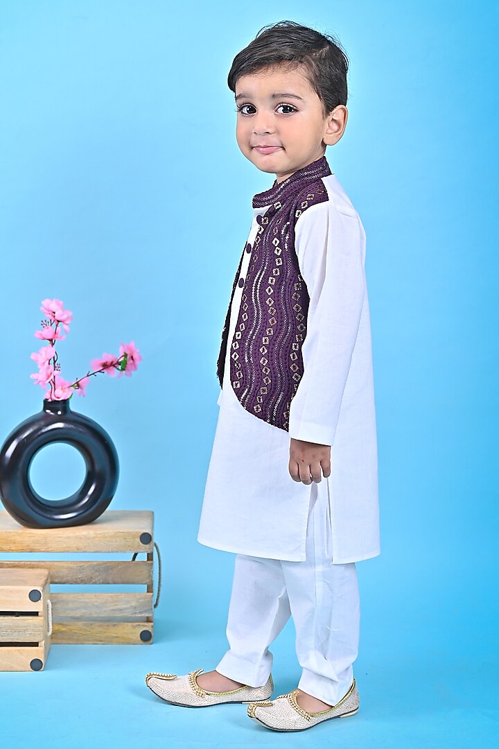 Brown Georgette & Cotton Embroidered Nehru Jacket Set For Boys by UNIQ RIYO CREATION at Pernia's Pop Up Shop
