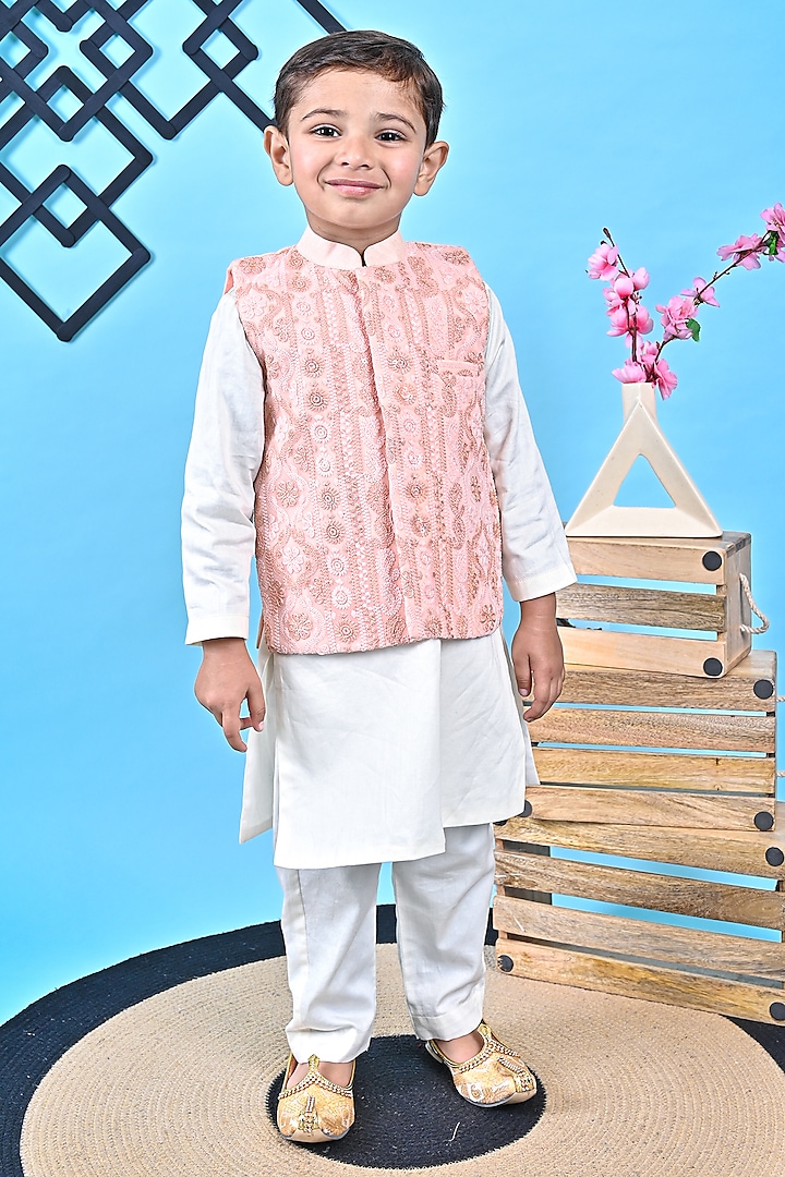 Peach Cotton Embroidered Jacket Set For Boys by UNIQ RIYO CREATION