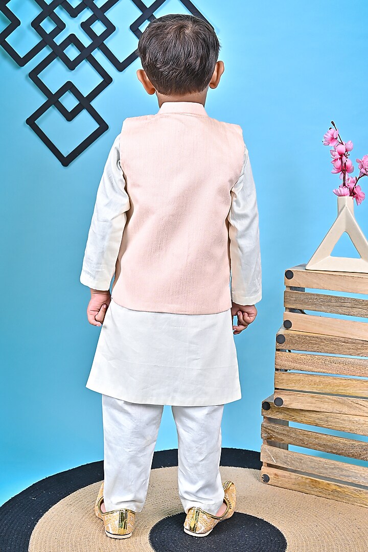 Peach Cotton Embroidered Jacket Set For Boys by UNIQ RIYO CREATION at Pernia's Pop Up Shop