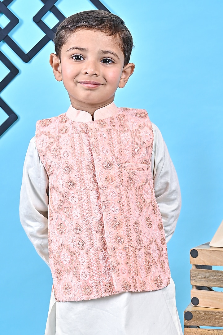 Peach Cotton Embroidered Jacket Set For Boys by UNIQ RIYO CREATION at Pernia's Pop Up Shop