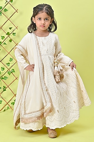 Off-White Georgette Embroidered Anarkali Set For Girls by UNIQ RIYO CREATION