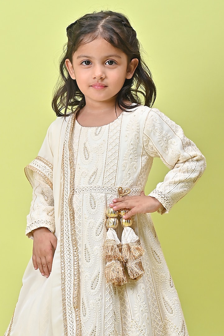 Off-White Georgette Embroidered Anarkali Set For Girls by UNIQ RIYO CREATION at Pernia's Pop Up Shop