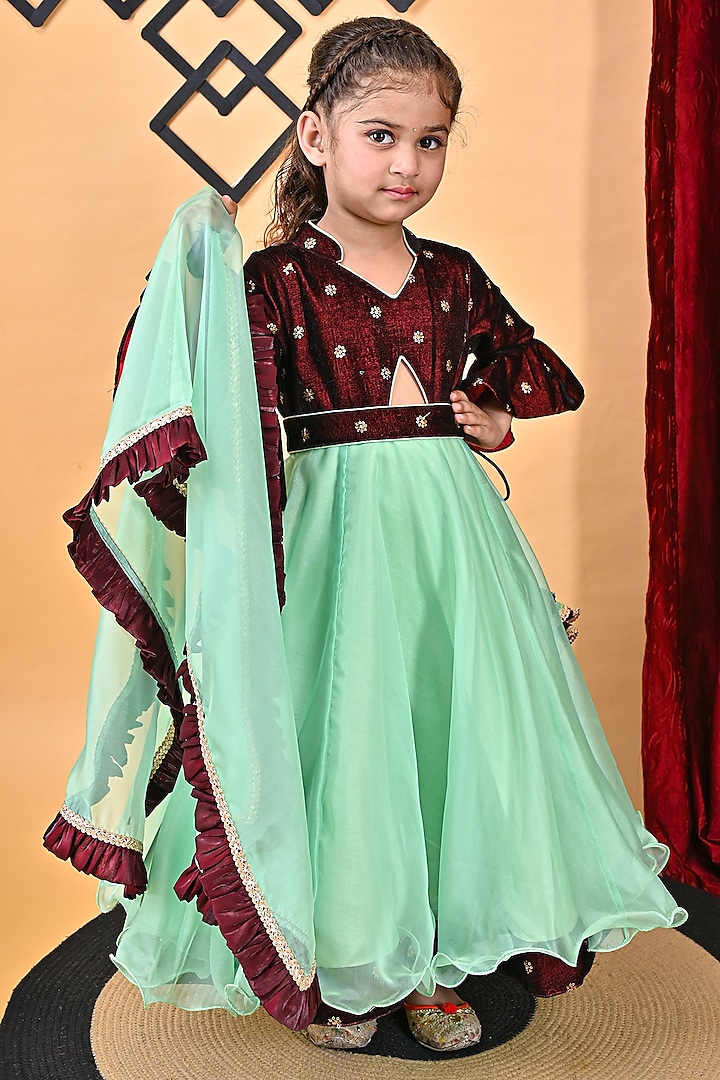 Green & Maroon Velvet & Organza Embroidered Dress For Girls by UNIQ RIYO CREATION at Pernia's Pop Up Shop