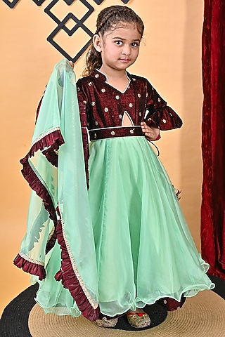 Green & Maroon Velvet & Organza Embroidered Dress For Girls by UNIQ RIYO CREATION