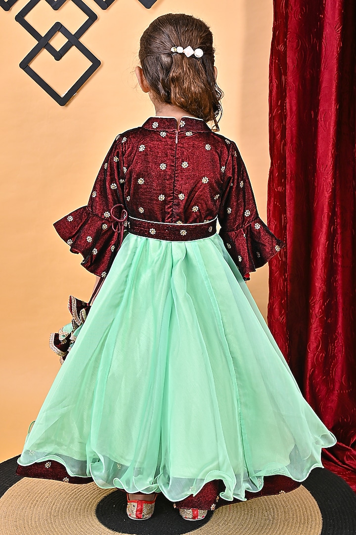 Green & Maroon Velvet & Organza Embroidered Dress For Girls by UNIQ RIYO CREATION at Pernia's Pop Up Shop