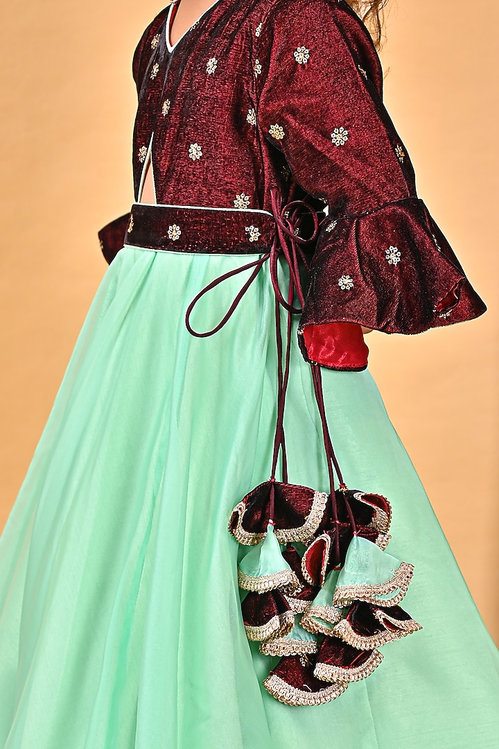 Green & Maroon Velvet & Organza Embroidered Dress For Girls by UNIQ RIYO CREATION at Pernia's Pop Up Shop