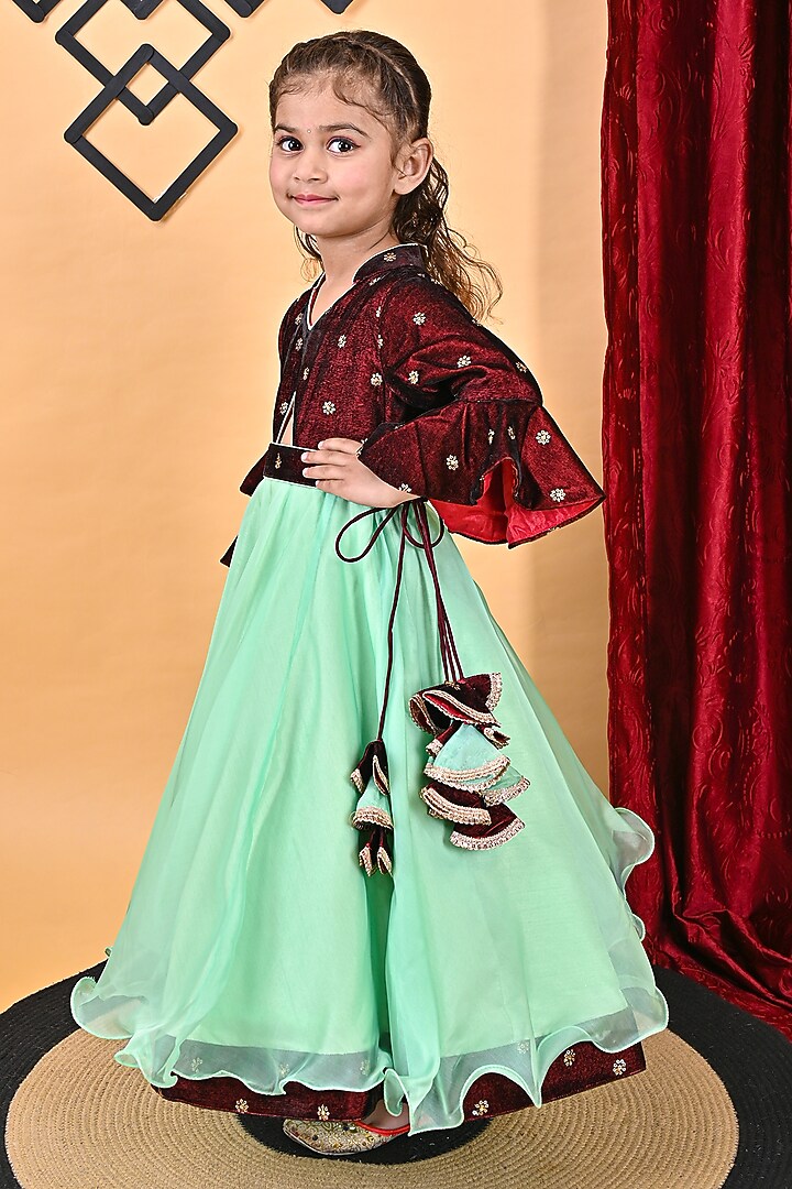 Green & Maroon Velvet & Organza Embroidered Dress For Girls by UNIQ RIYO CREATION at Pernia's Pop Up Shop