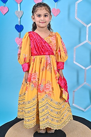 Yellow Crepe & Georgette Printed Anarkali Set For Girls by UNIQ RIYO CREATION