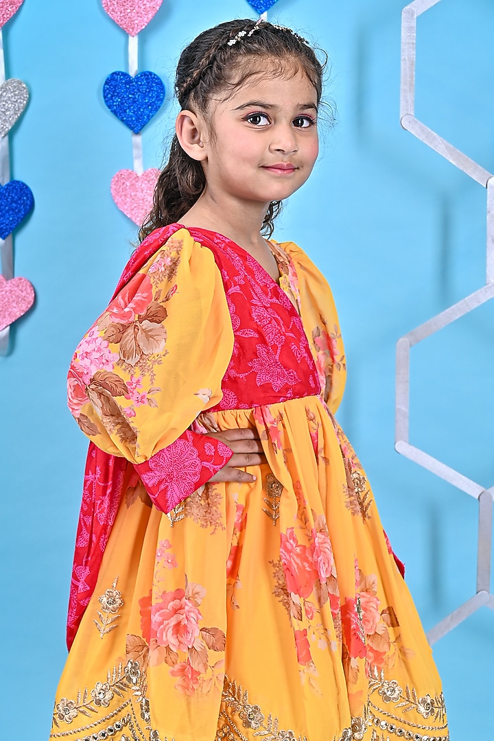Yellow Crepe & Georgette Printed Anarkali Set For Girls by UNIQ RIYO CREATION at Pernia's Pop Up Shop