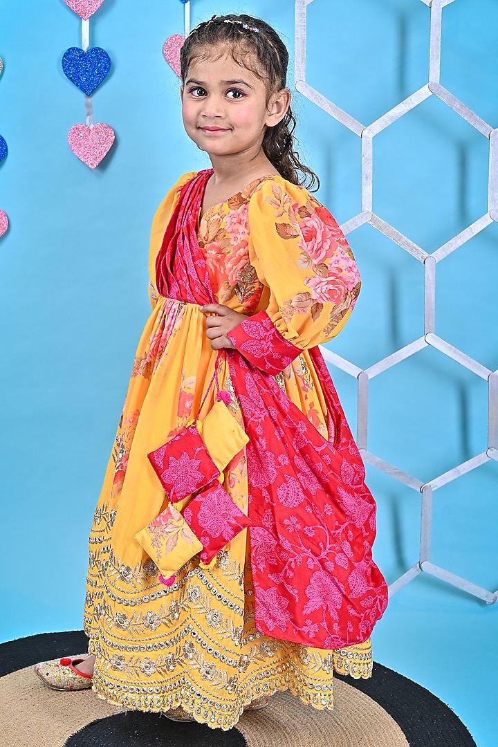 Yellow Crepe & Georgette Printed Anarkali Set For Girls by UNIQ RIYO CREATION at Pernia's Pop Up Shop