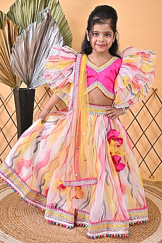 Multi-Colored Organza & Dupion Printed Lehenga Set For Girls] by UNIQ RIYO CREATION