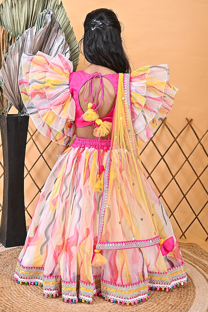 Multi-Colored Organza & Dupion Printed Lehenga Set For Girls] by UNIQ RIYO CREATION at Pernia's Pop Up Shop
