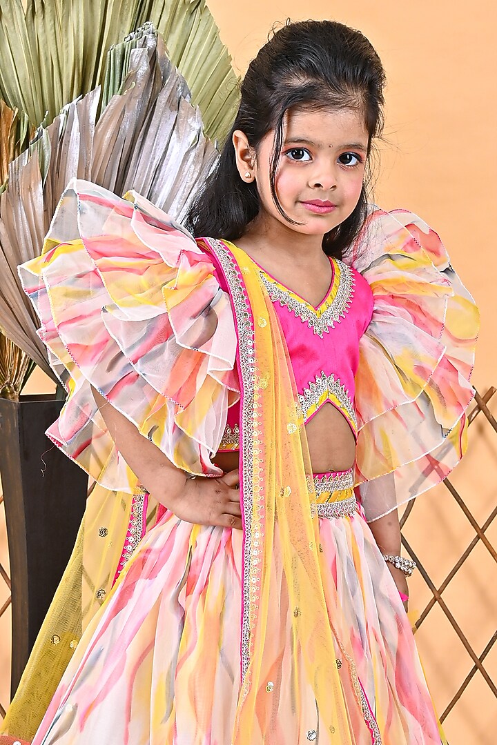 Multi-Colored Organza & Dupion Printed Lehenga Set For Girls] by UNIQ RIYO CREATION at Pernia's Pop Up Shop