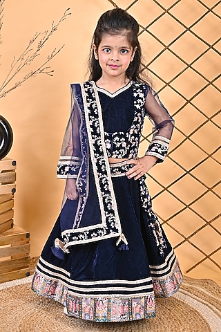 Navy Blue Net & Velvet Embroidered Lehenga Set For Girls by UNIQ RIYO CREATION