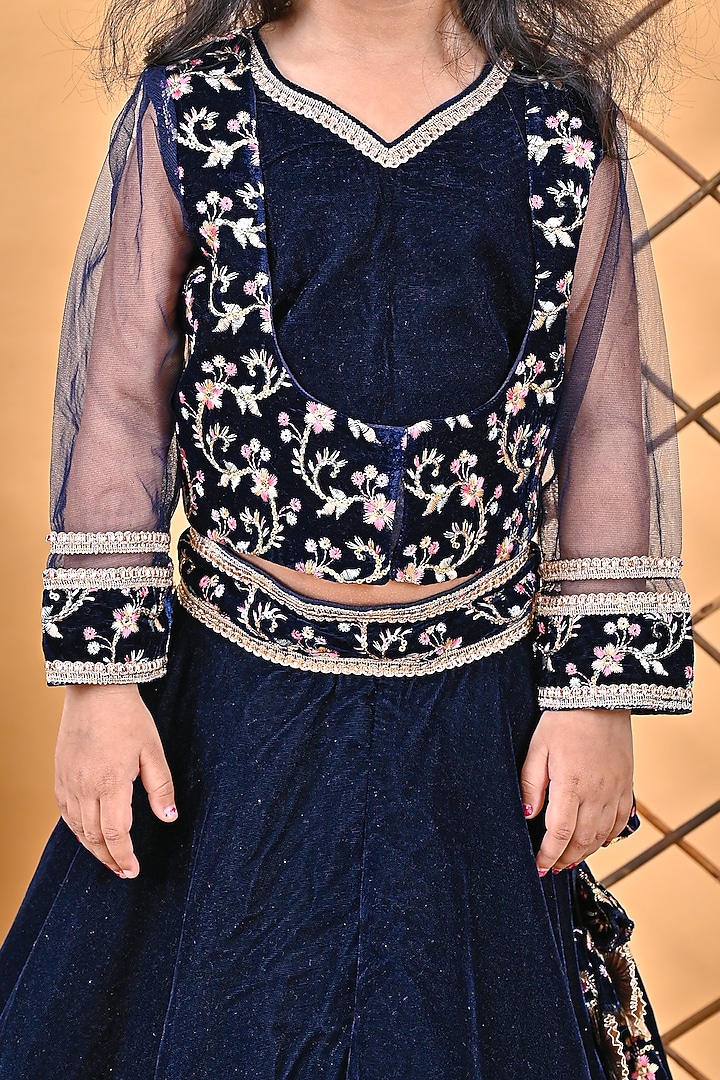 Navy Blue Net & Velvet Embroidered Lehenga Set For Girls by UNIQ RIYO CREATION at Pernia's Pop Up Shop