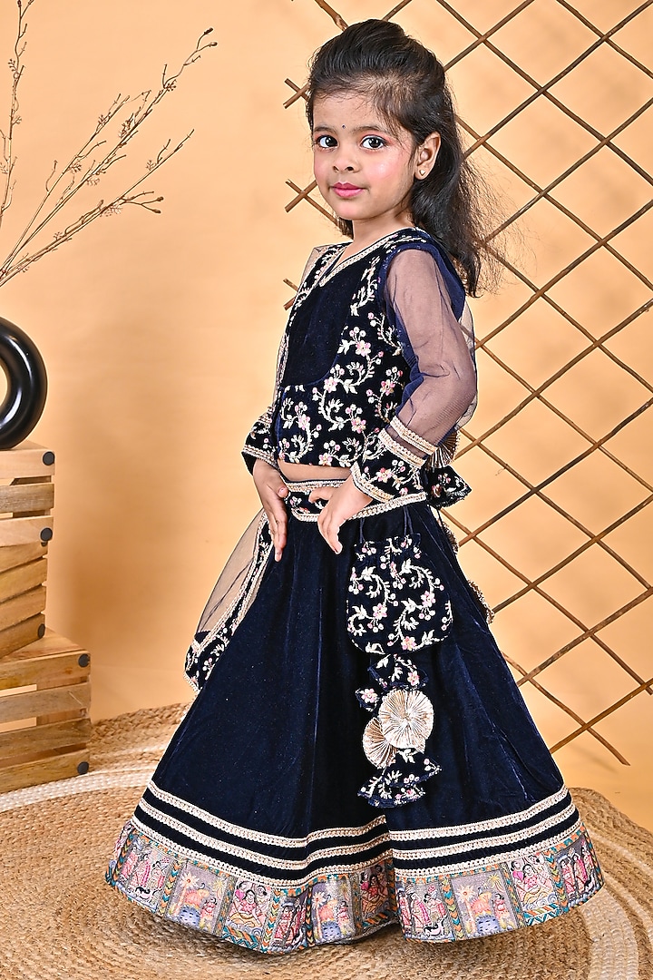 Navy Blue Net & Velvet Embroidered Lehenga Set For Girls by UNIQ RIYO CREATION at Pernia's Pop Up Shop