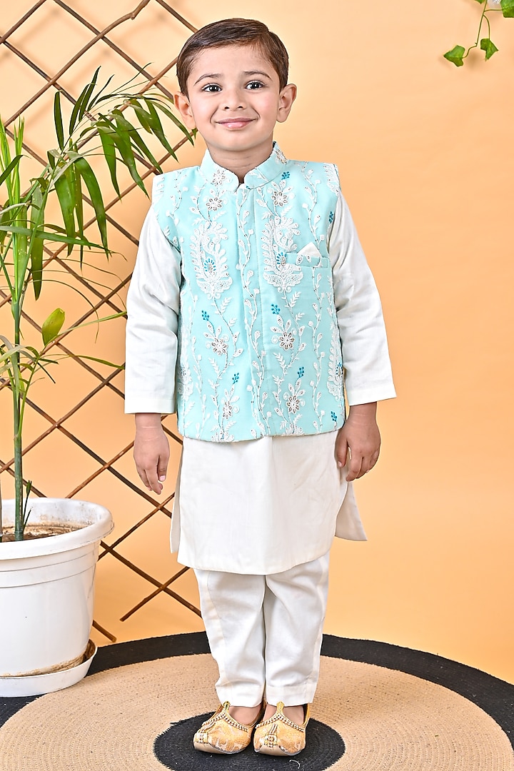 Aqua Green Glace Cotton & Georgette Embroidered Jacket Set For Boys by UNIQ RIYO CREATION