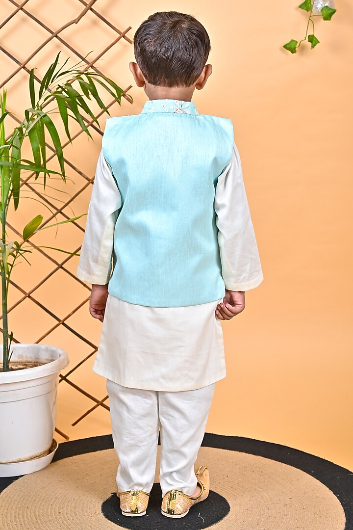 Aqua Green Glace Cotton & Georgette Embroidered Jacket Set For Boys by UNIQ RIYO CREATION at Pernia's Pop Up Shop