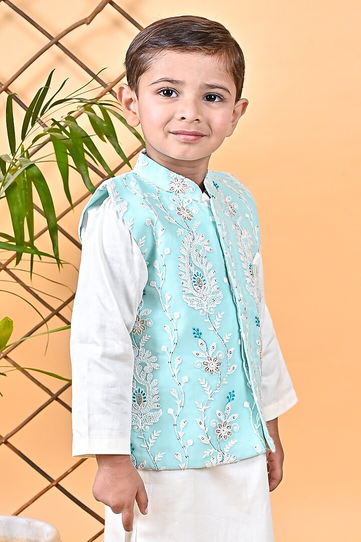Aqua Green Glace Cotton & Georgette Embroidered Jacket Set For Boys by UNIQ RIYO CREATION at Pernia's Pop Up Shop