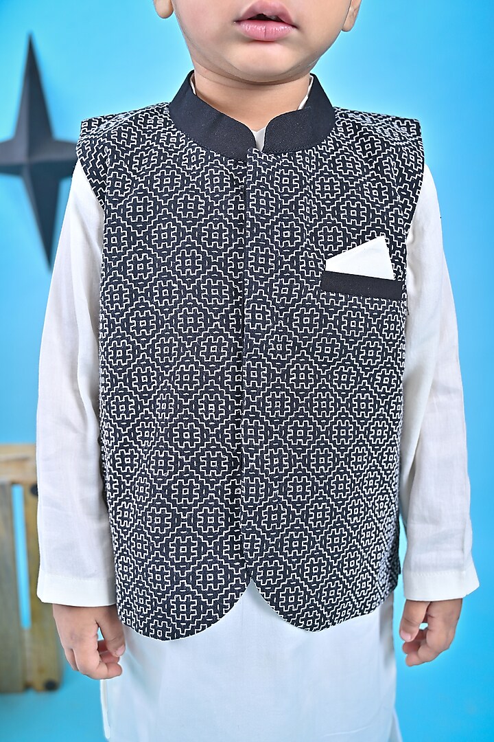Black Cotton Embroidered Nehru Jacket Set For Boys by UNIQ RIYO CREATION at Pernia's Pop Up Shop