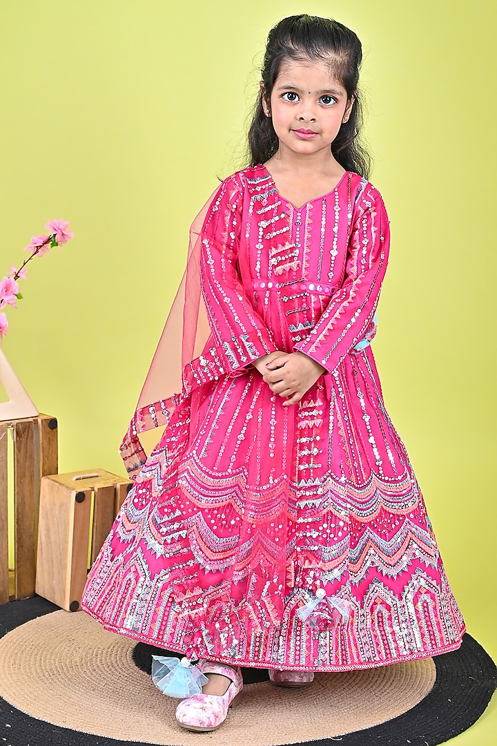 Pink Net Embroidered Anarkali Set For Girls by UNIQ RIYO CREATION at Pernia's Pop Up Shop