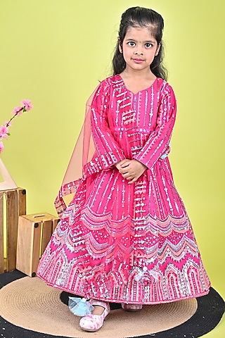Pink Net Embroidered Anarkali Set For Girls by UNIQ RIYO CREATION