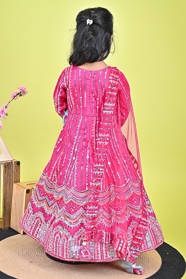 Pink Net Embroidered Anarkali Set For Girls by UNIQ RIYO CREATION at Pernia's Pop Up Shop
