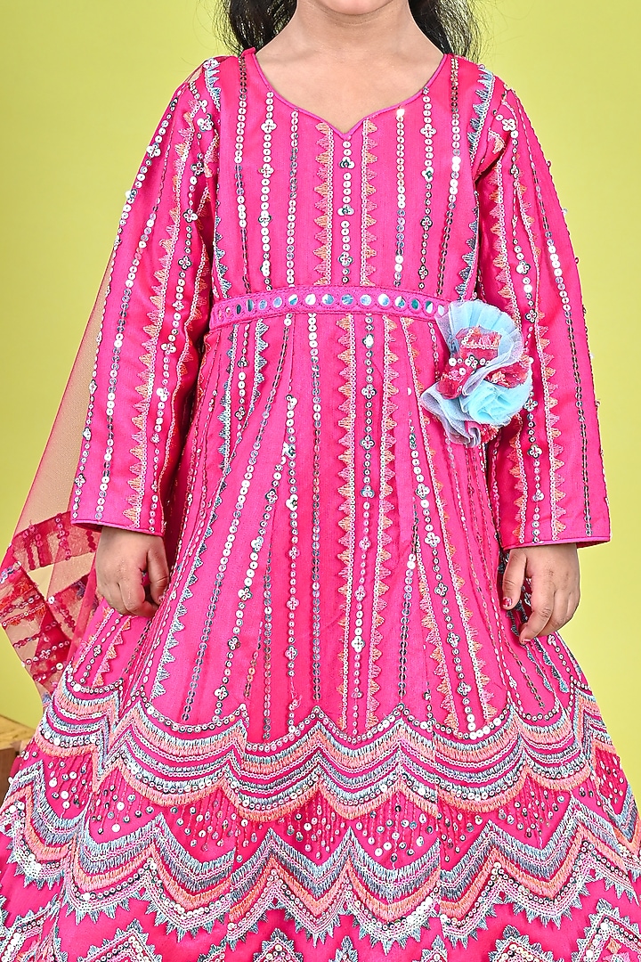 Pink Net Embroidered Anarkali Set For Girls by UNIQ RIYO CREATION at Pernia's Pop Up Shop