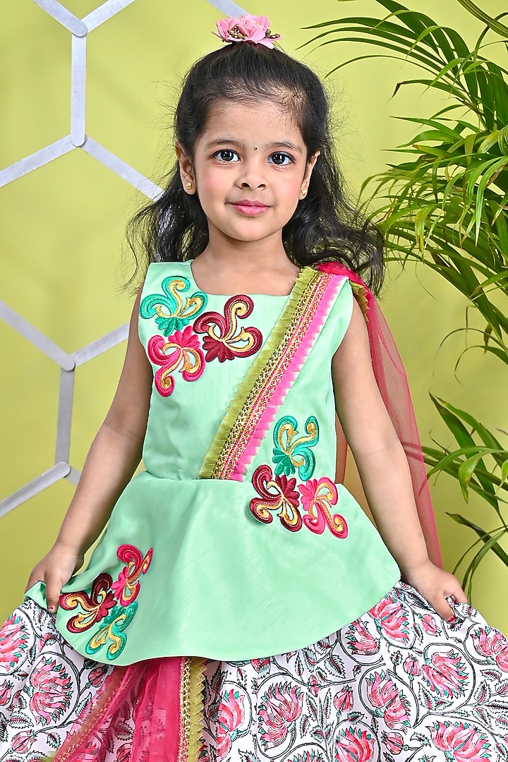 Multi-Colored Organza & Cotton Printed Skirt Set For Girls by UNIQ RIYO CREATION at Pernia's Pop Up Shop