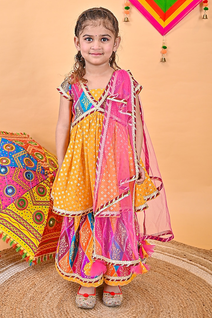 Multi-Colored Georgette & Net Printed Sharara Set For Girls by UNIQ RIYO CREATION at Pernia's Pop Up Shop