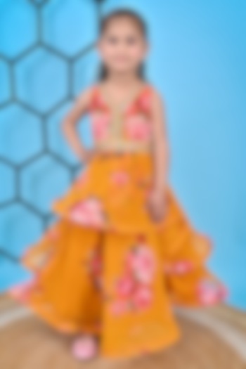 Mustard Georgette Printed & Embroidered Gown For Girls by UNIQ RIYO CREATION at Pernia's Pop Up Shop