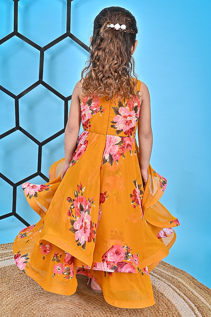 Mustard Georgette Printed & Embroidered Gown For Girls by UNIQ RIYO CREATION at Pernia's Pop Up Shop