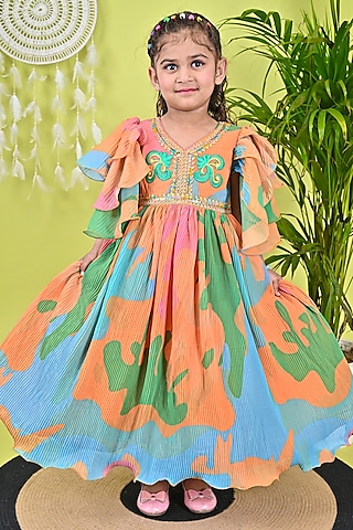 Multi-Colored Georgette Printed & Embroidered Dress For Girls by UNIQ RIYO CREATION