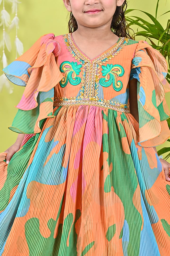 Multi-Colored Georgette Printed & Embroidered Dress For Girls by UNIQ RIYO CREATION at Pernia's Pop Up Shop