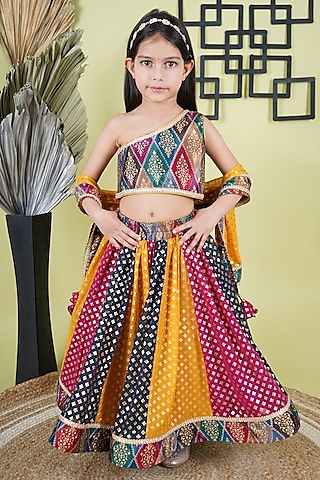 Multi-Colored Georgette Embroidered Lehenga Set For Girls by UNIQ RIYO CREATION