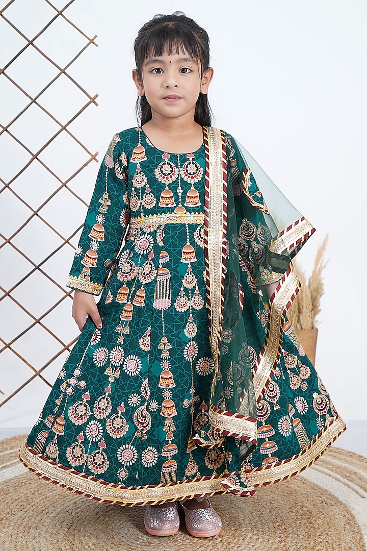 Green Net Embroidered Anarkali Set For Girls by UNIQ RIYO CREATION at Pernia's Pop Up Shop