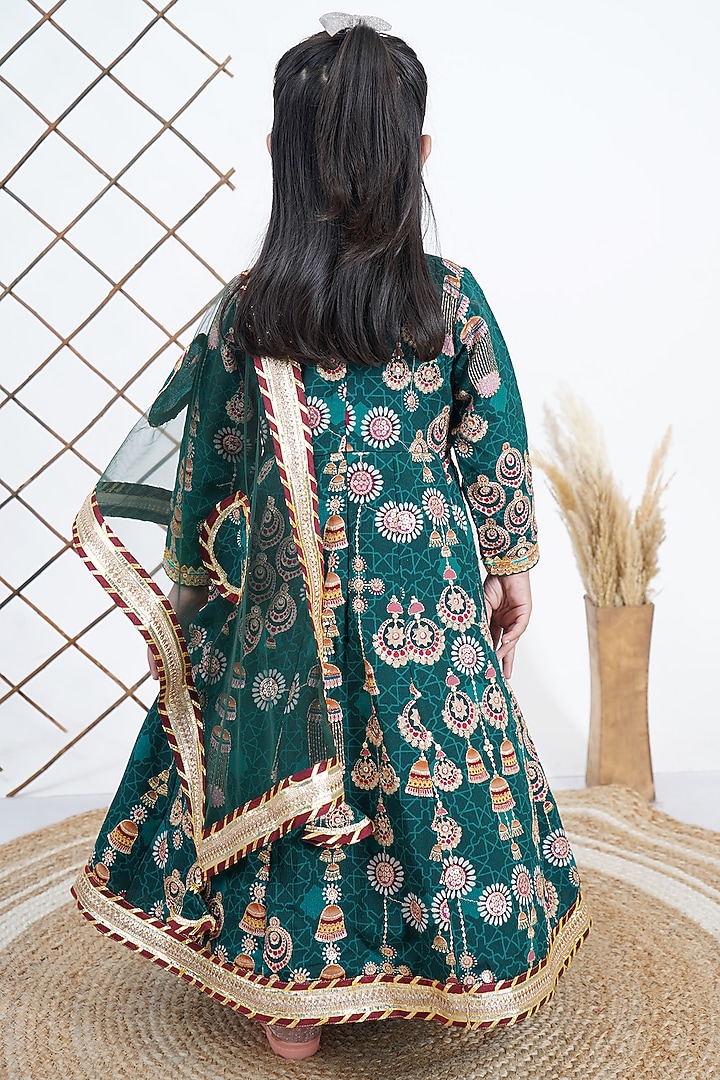 Green Net Embroidered Anarkali Set For Girls by UNIQ RIYO CREATION at Pernia's Pop Up Shop