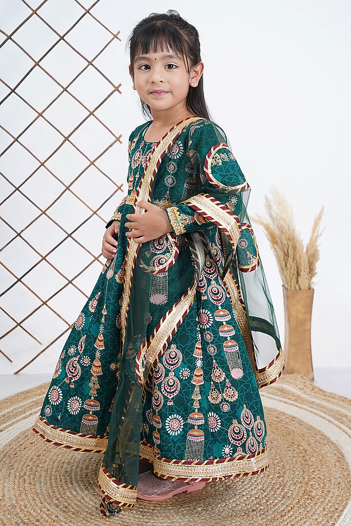 Green Net Embroidered Anarkali Set For Girls by UNIQ RIYO CREATION at Pernia's Pop Up Shop