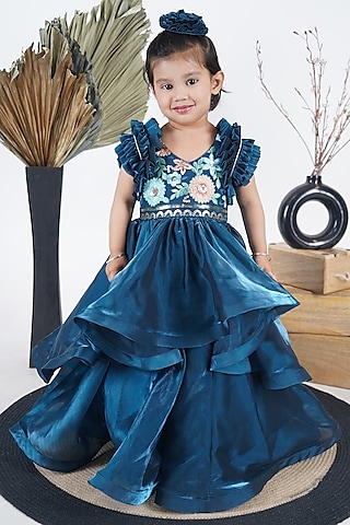 Petrol Blue Georgette Embroidered Dress For Girls by UNIQ RIYO CREATION
