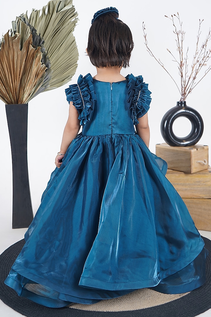 Petrol Blue Georgette Embroidered Dress For Girls by UNIQ RIYO CREATION at Pernia's Pop Up Shop